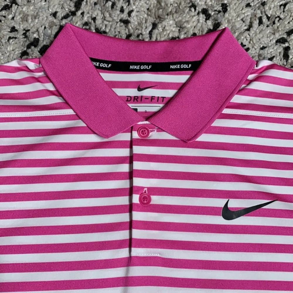 Nike Pink and White Striped Polo Shirt